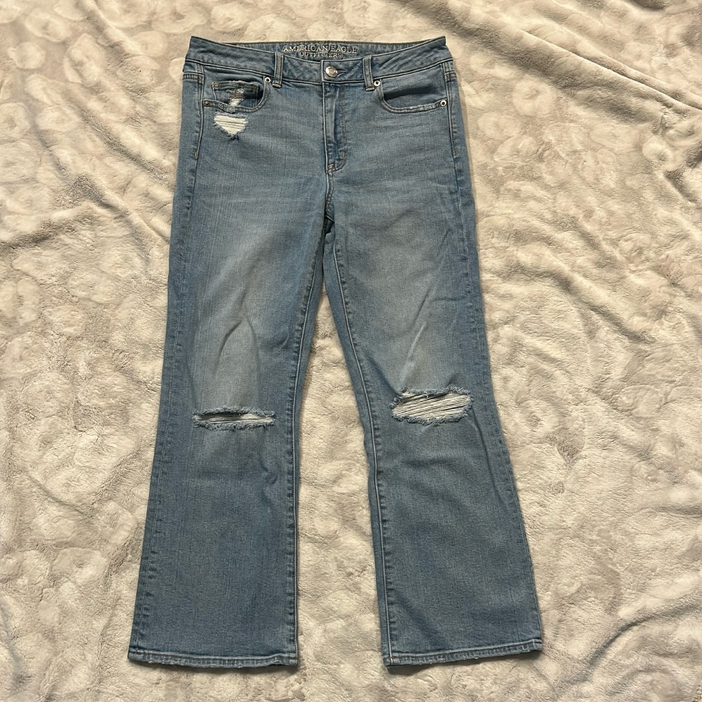 American Eagle Stretch Hi Rise Kick Crop Jeans Size 10 Distressed
